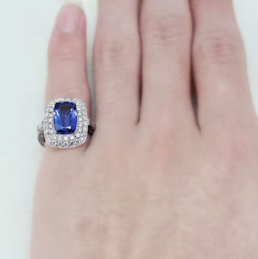 Platinum Cushion-Cut Royal Tanzanite Double-Halo Cocktail Ring