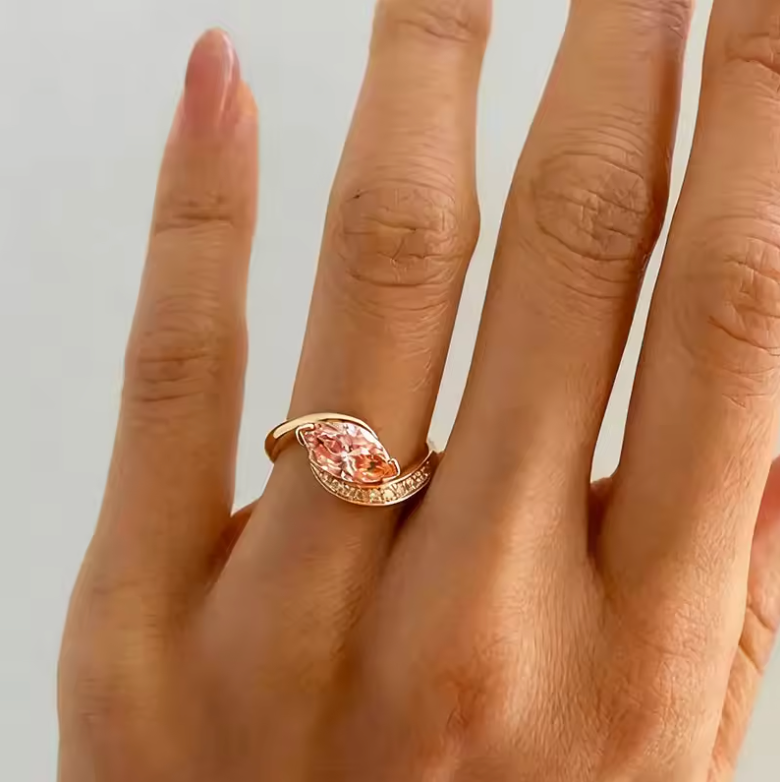 Gold Marquise Peach Sapphire Bypass Wave Ring