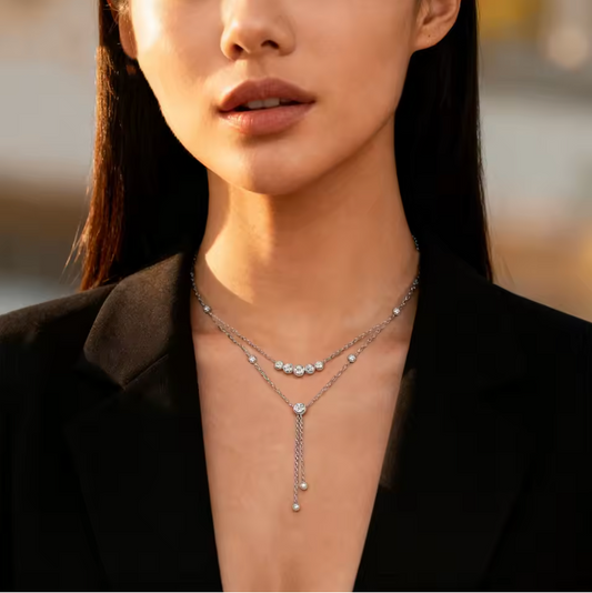 White Gold Layered Bezel-Set Crystal Lariat Necklace
