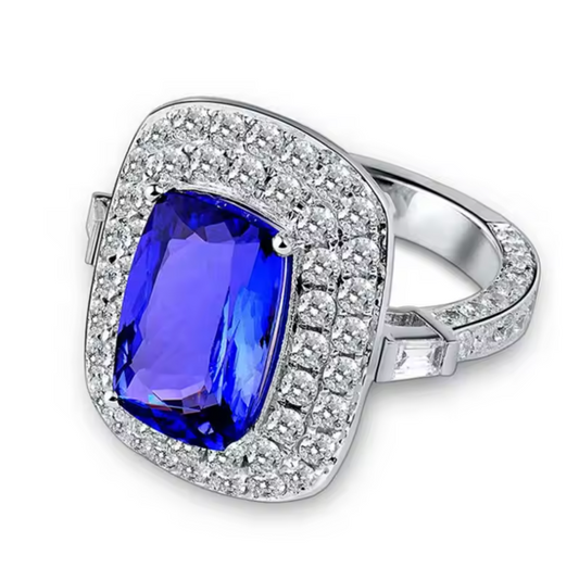 Platinum Cushion-Cut Royal Tanzanite Double-Halo Cocktail Ring