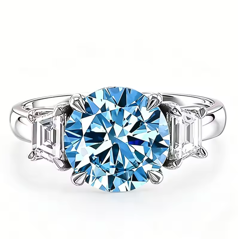 Silver Round Aqua Blue Solitaire Three-Stone Ring