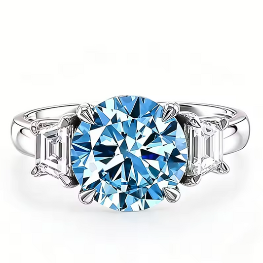 Silver Round Aqua Blue Solitaire Three-Stone Ring