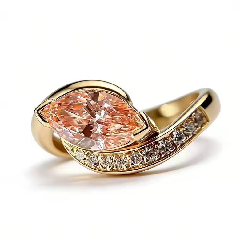 Gold Marquise Peach Sapphire Bypass Wave Ring