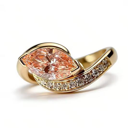 Gold Marquise Peach Sapphire Bypass Wave Ring