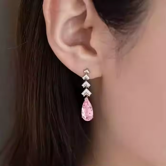 Two-Tone Chevron Tiered Pink Topaz Drop Earrings
