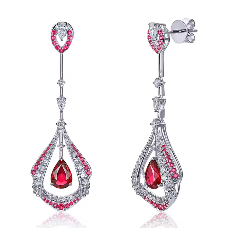 White Gold Ruby Teardrop Chandelier Statement Earrings