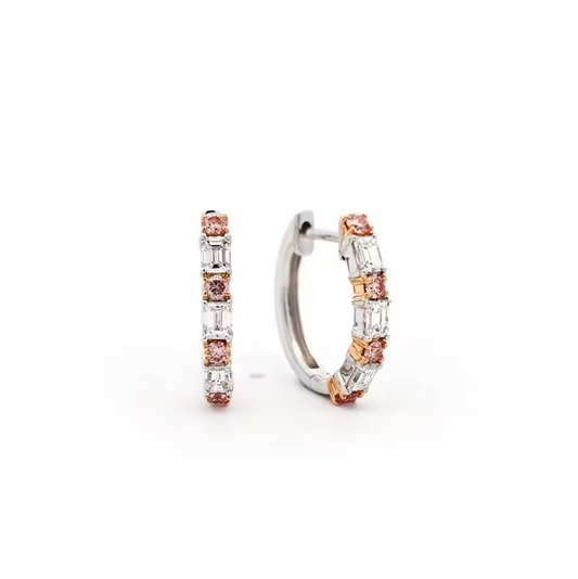 Two-Tone Alternating Emerald and Pink Round Crystal Huggie Hoop Earrings