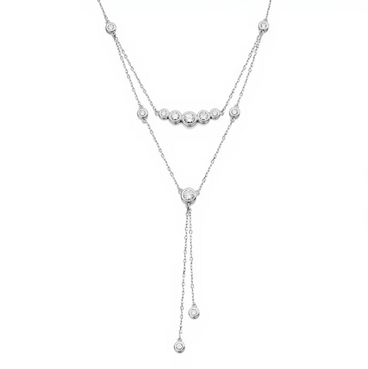 White Gold Layered Bezel-Set Crystal Lariat Necklace