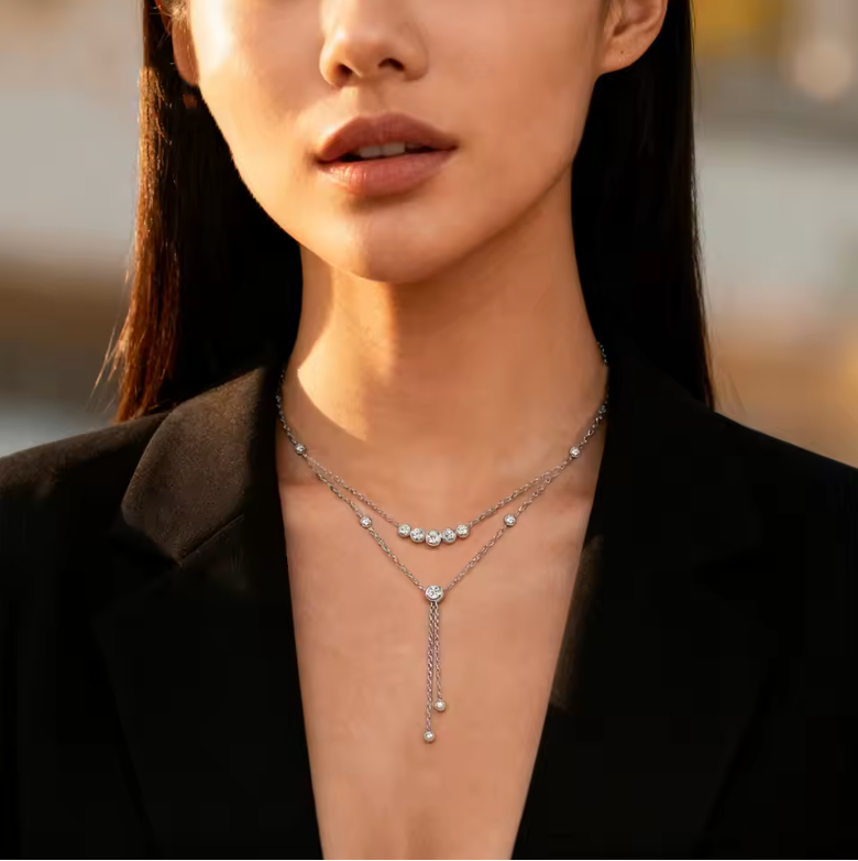 White Gold Layered Bezel-Set Crystal Lariat Necklace